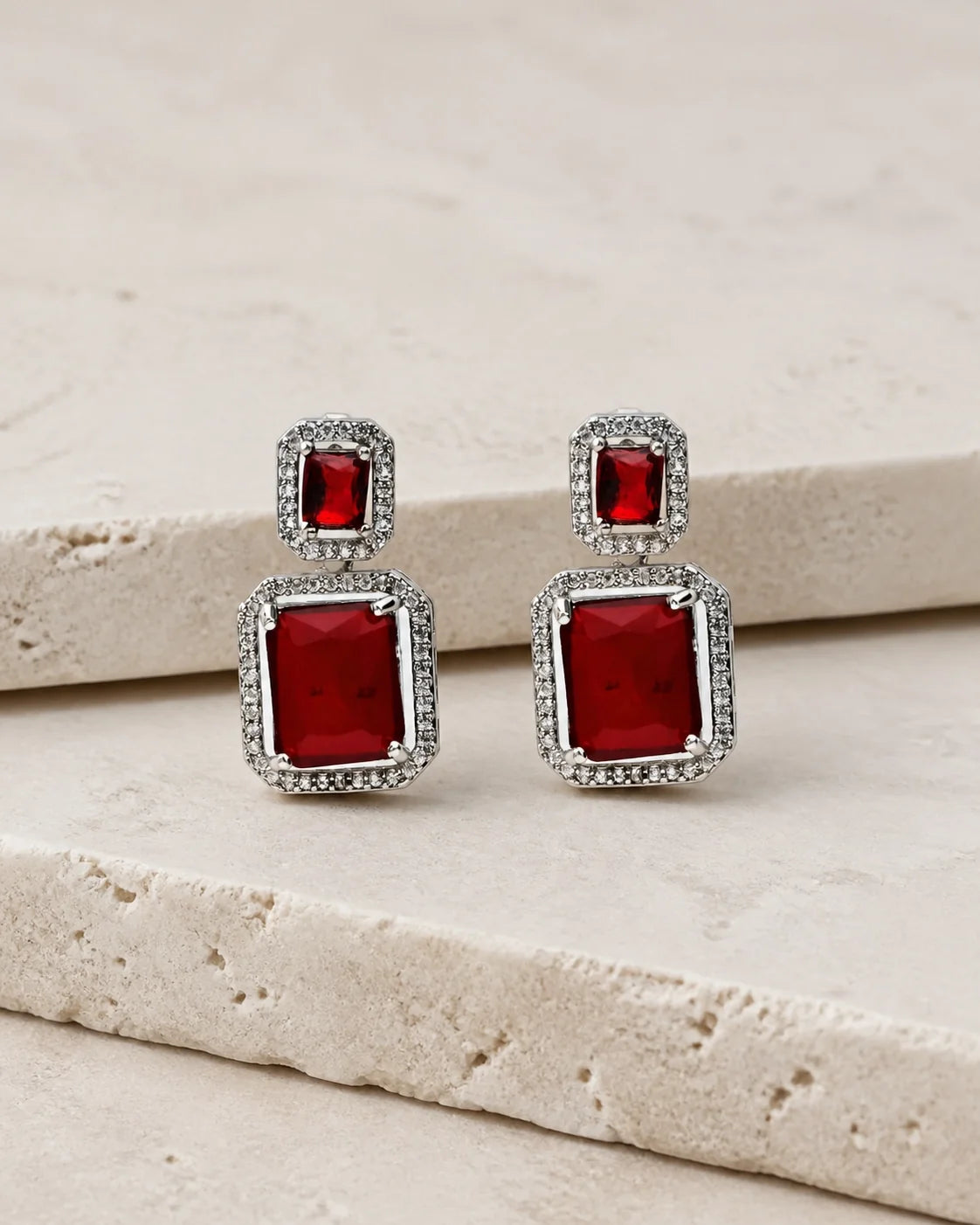 Zircon Double Earrings - Silver - Red — product image
