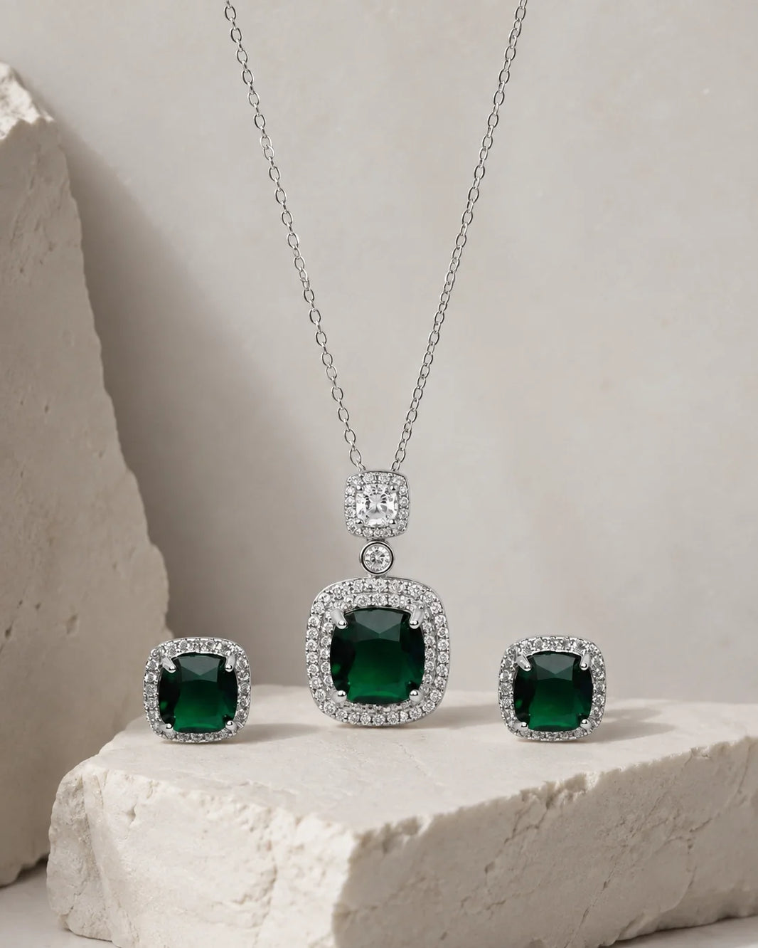 Zircon Tops & Pendant Set I - Green Silver — product image