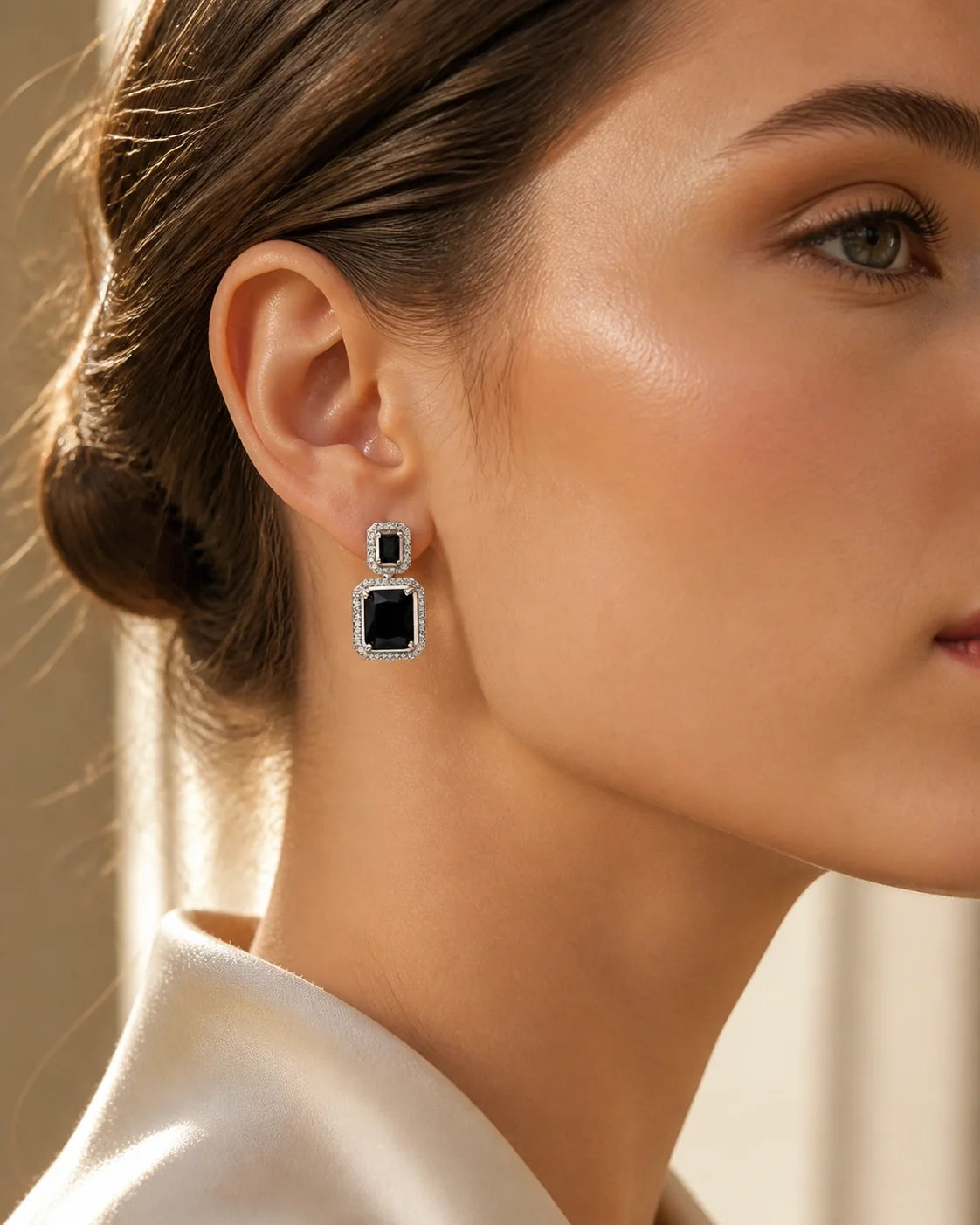 Zircon Double Earrings - Silver Black — lifestyle image